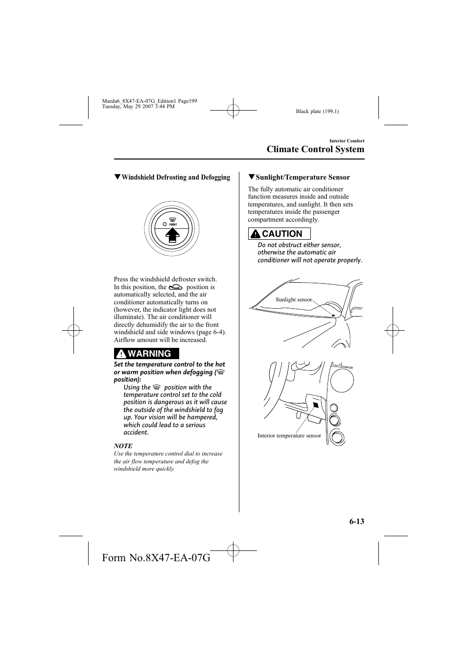 Climate control system, Warning, Caution | Mazda 2008 6 User Manual | Page 199 / 440