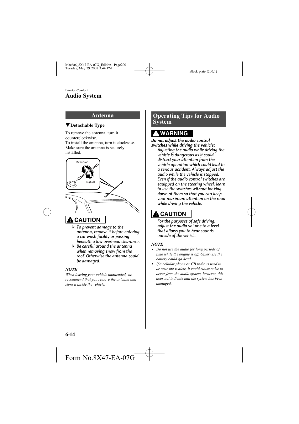 Antenna, Operating tips for audio system, Audio system | Caution, Warning | Mazda 2008 6 User Manual | Page 200 / 440