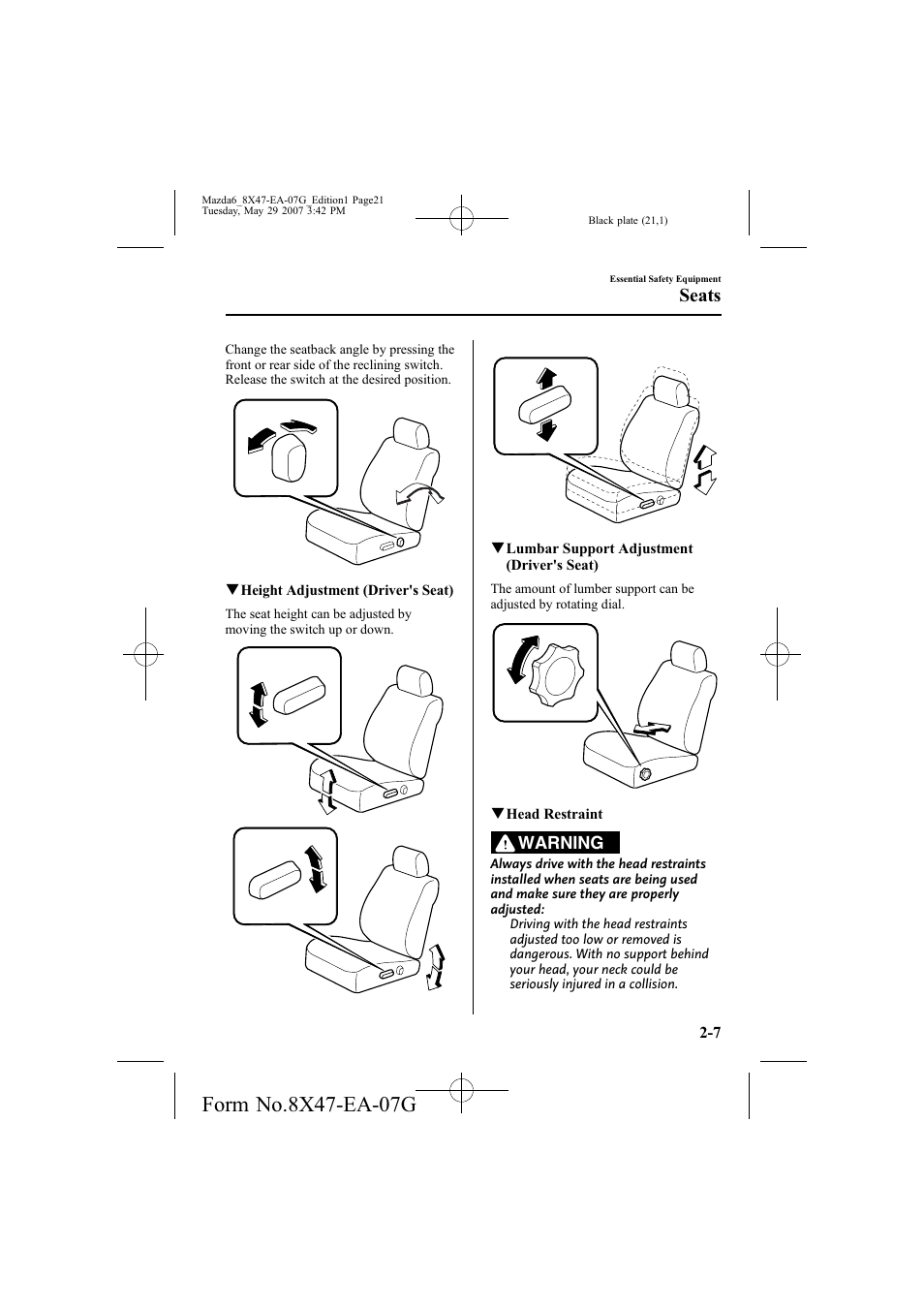 Seats | Mazda 2008 6 User Manual | Page 21 / 440