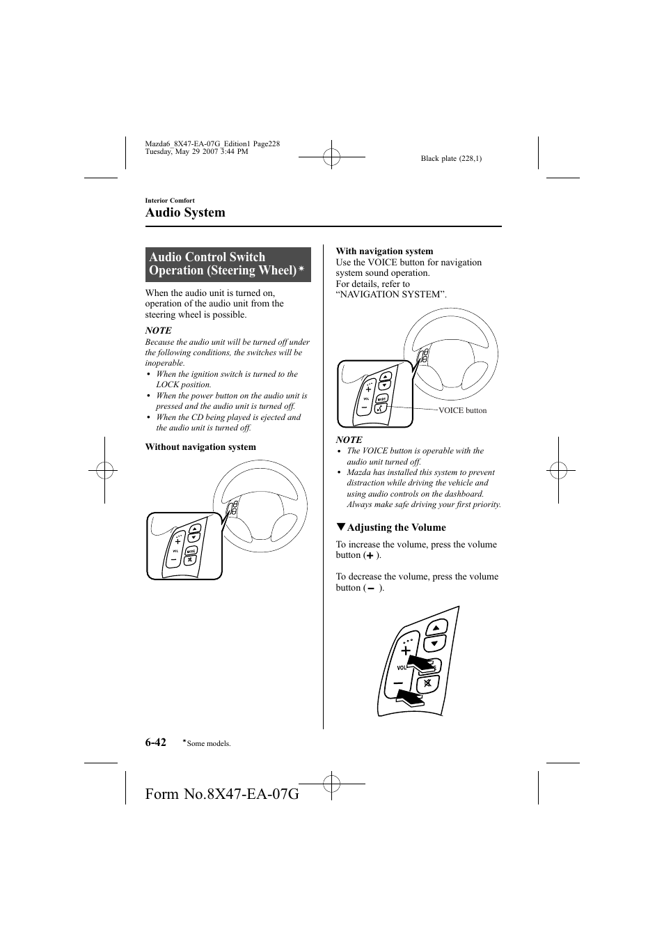 Audio control switch operation (steering wheel), Audio system | Mazda 2008 6 User Manual | Page 228 / 440