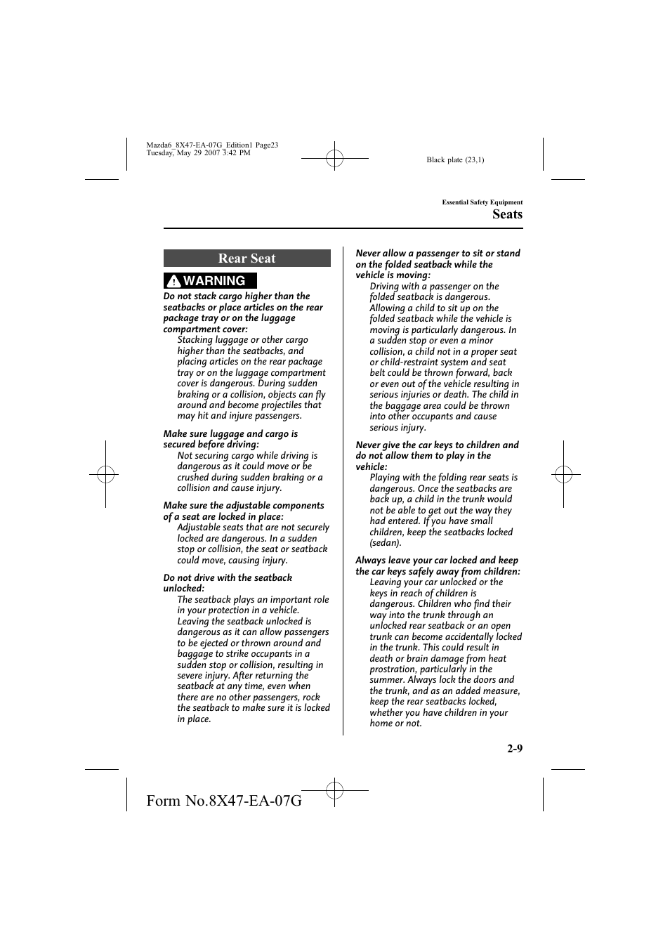 Rear seat, Seats | Mazda 2008 6 User Manual | Page 23 / 440