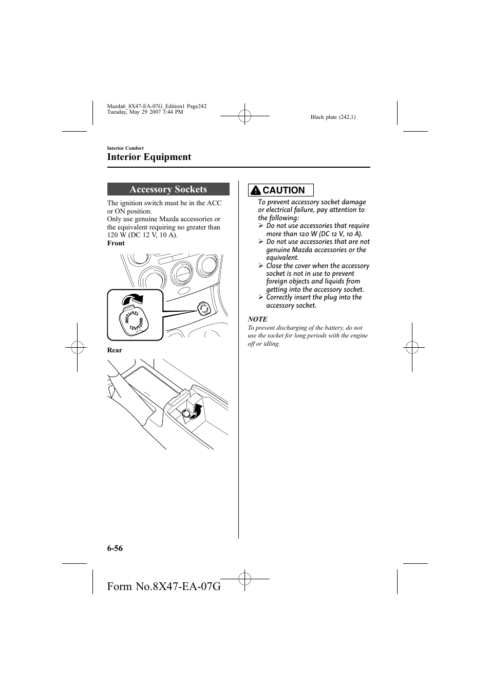 Accessory sockets, Interior equipment, Caution | Mazda 2008 6 User Manual | Page 242 / 440