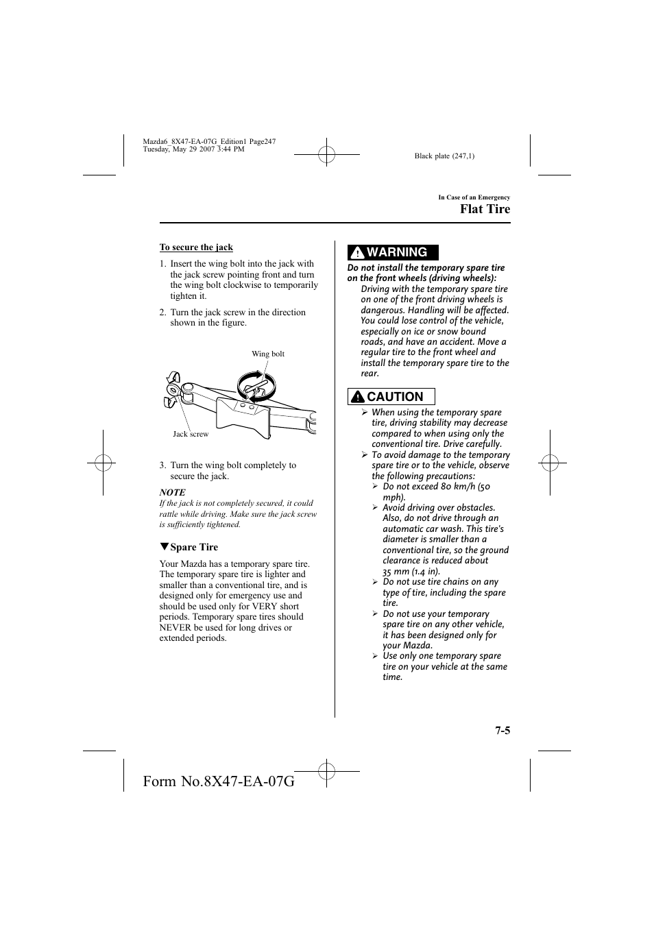 Flat tire, Warning, Caution | Mazda 2008 6 User Manual | Page 247 / 440