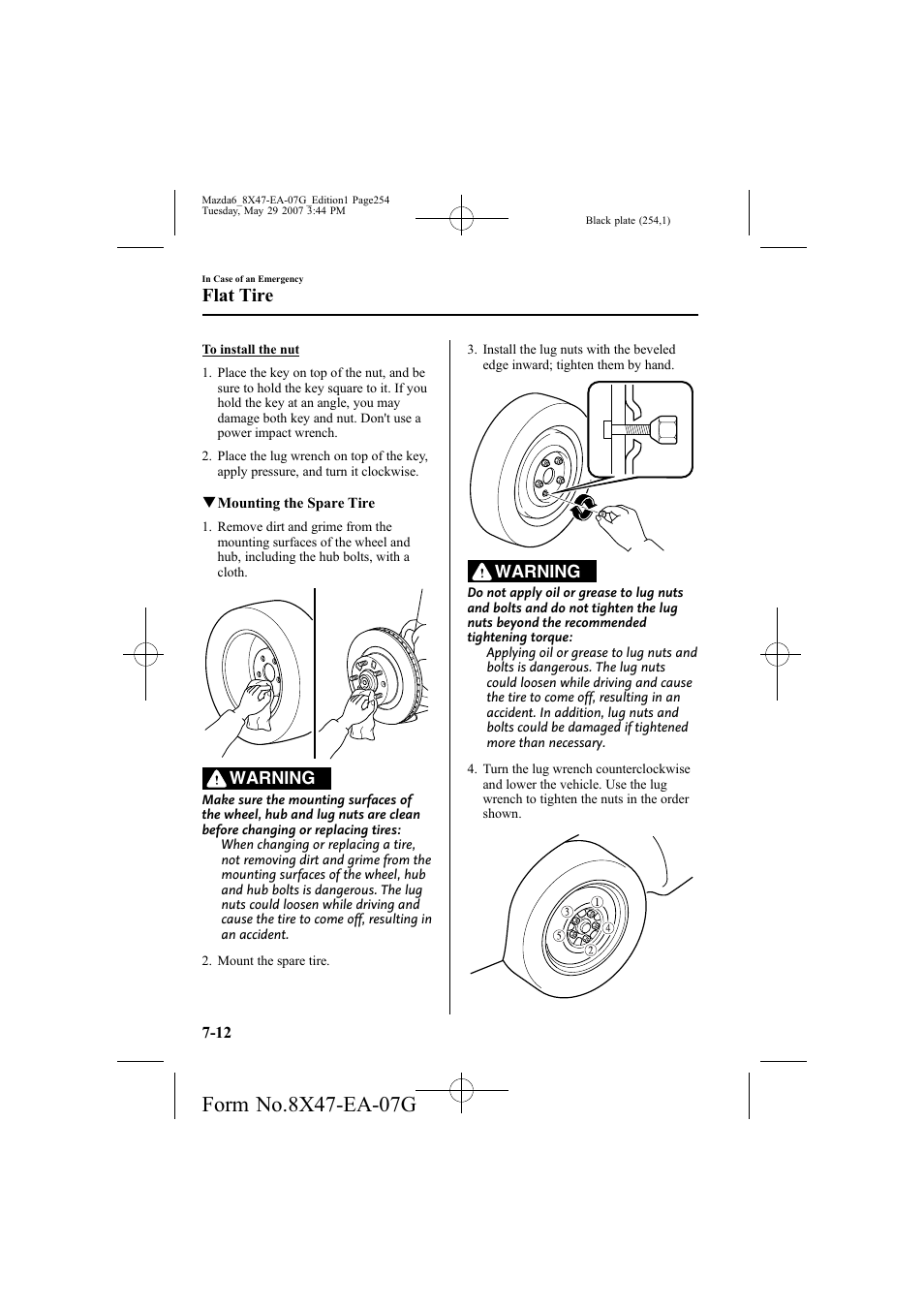 Flat tire, Warning | Mazda 2008 6 User Manual | Page 254 / 440