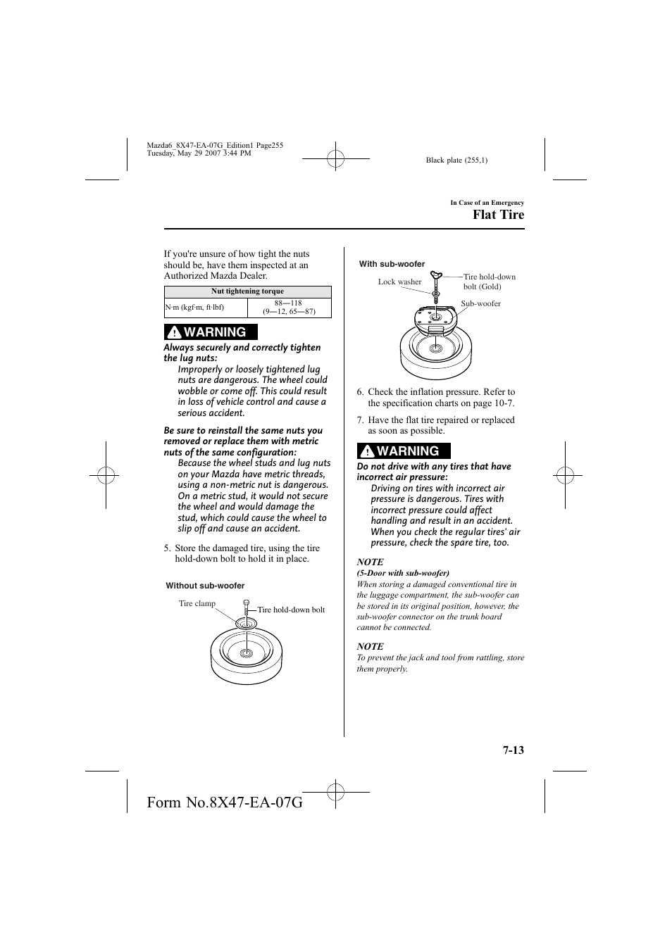 Flat tire, Warning | Mazda 2008 6 User Manual | Page 255 / 440