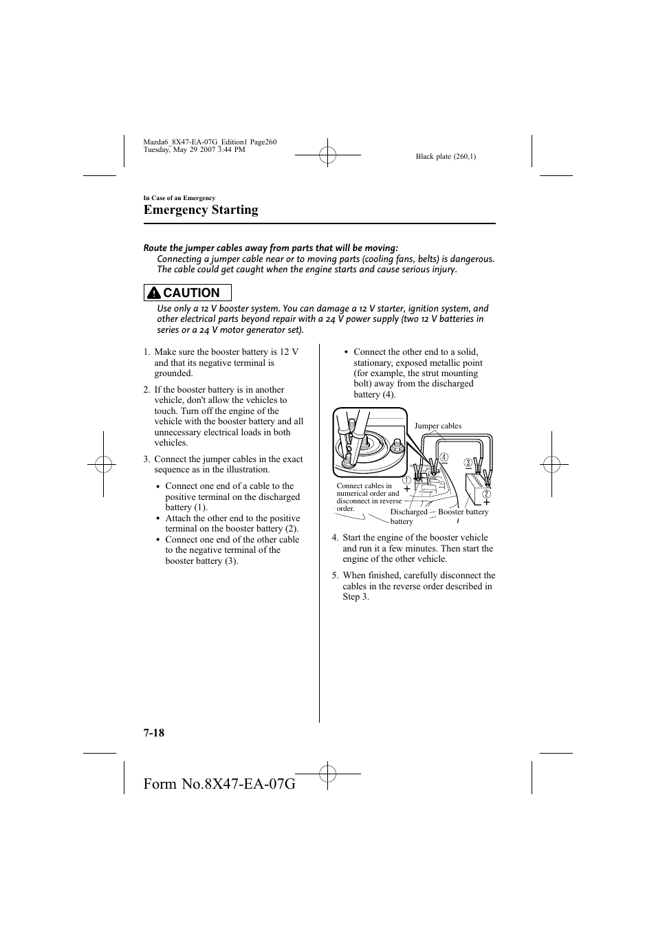 Emergency starting, Caution | Mazda 2008 6 User Manual | Page 260 / 440