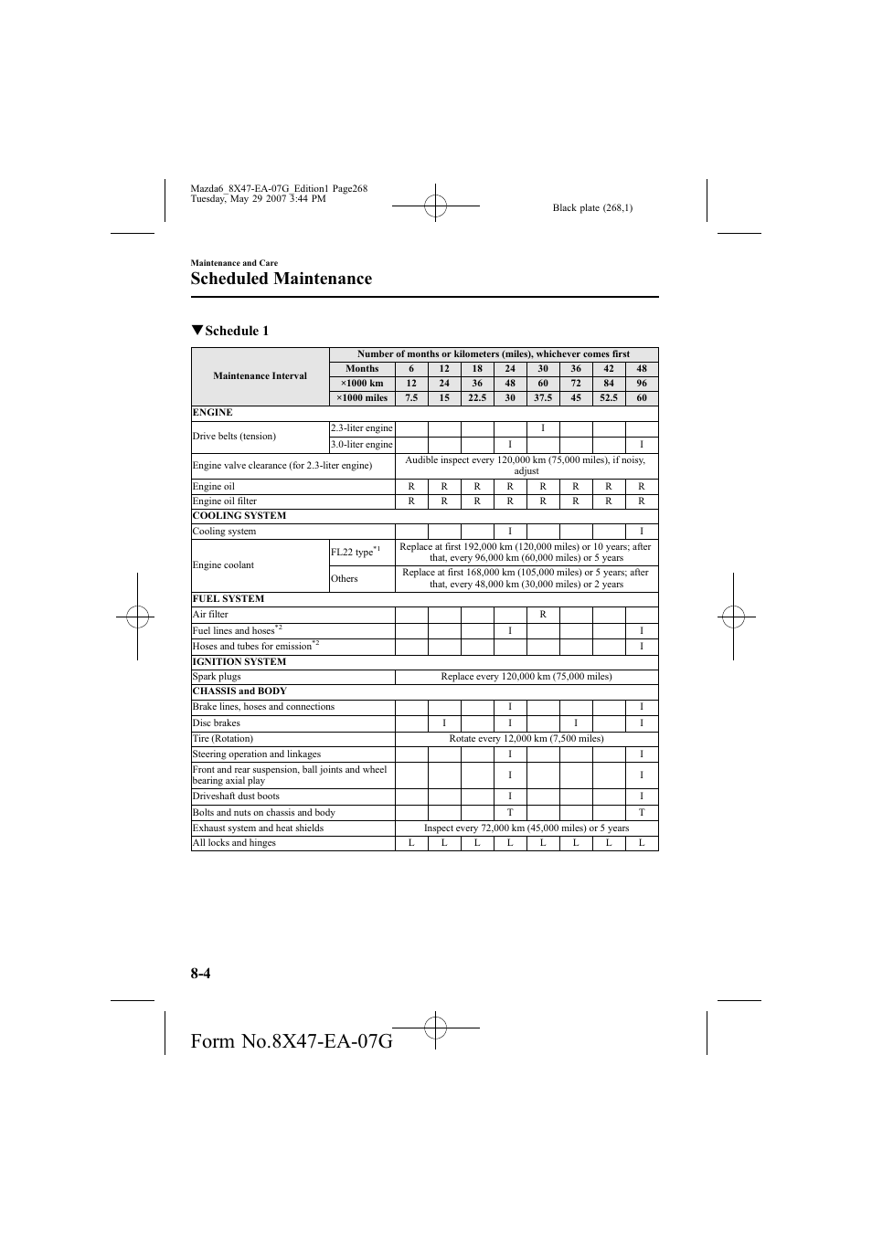 Scheduled maintenance, Qschedule 1 | Mazda 2008 6 User Manual | Page 268 / 440