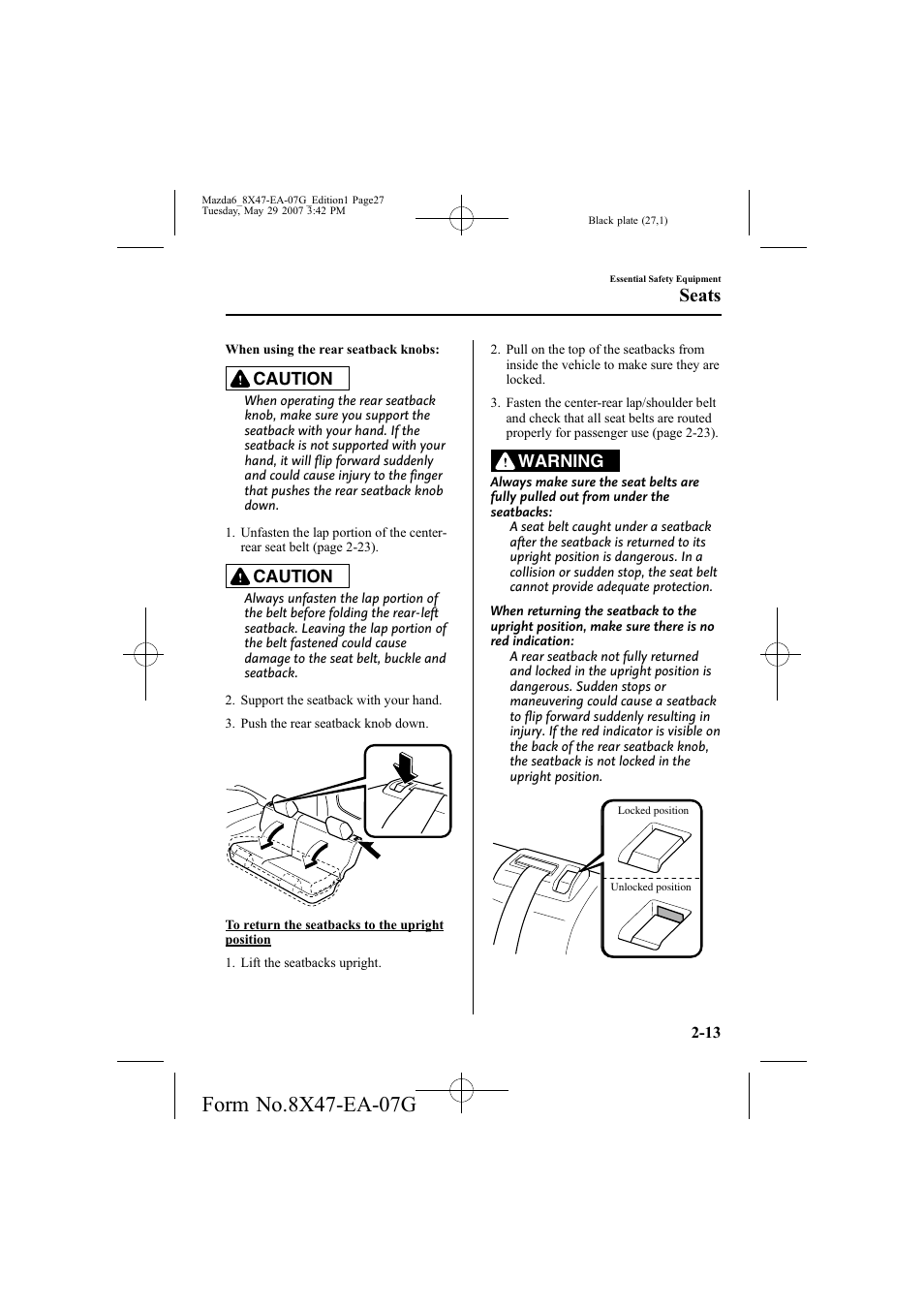 Seats, Caution, Warning | Mazda 2008 6 User Manual | Page 27 / 440