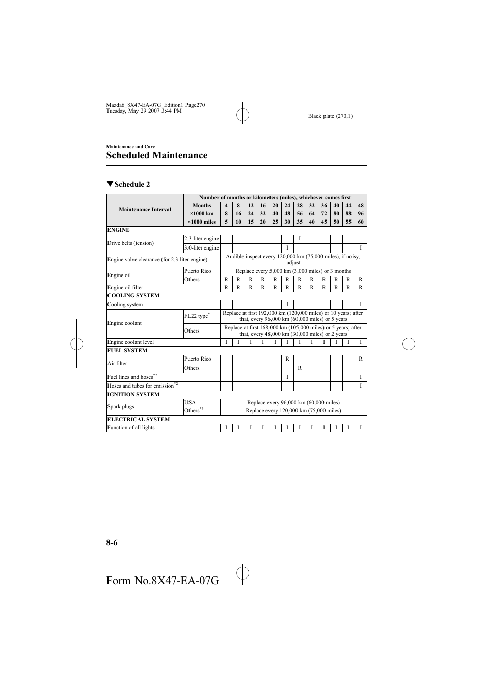 Scheduled maintenance, Qschedule 2 | Mazda 2008 6 User Manual | Page 270 / 440