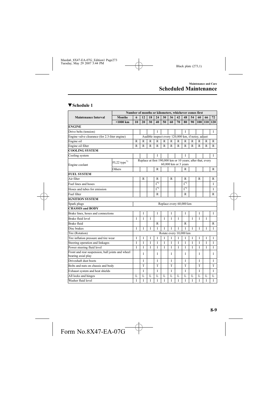 Scheduled maintenance, Qschedule 1 | Mazda 2008 6 User Manual | Page 273 / 440
