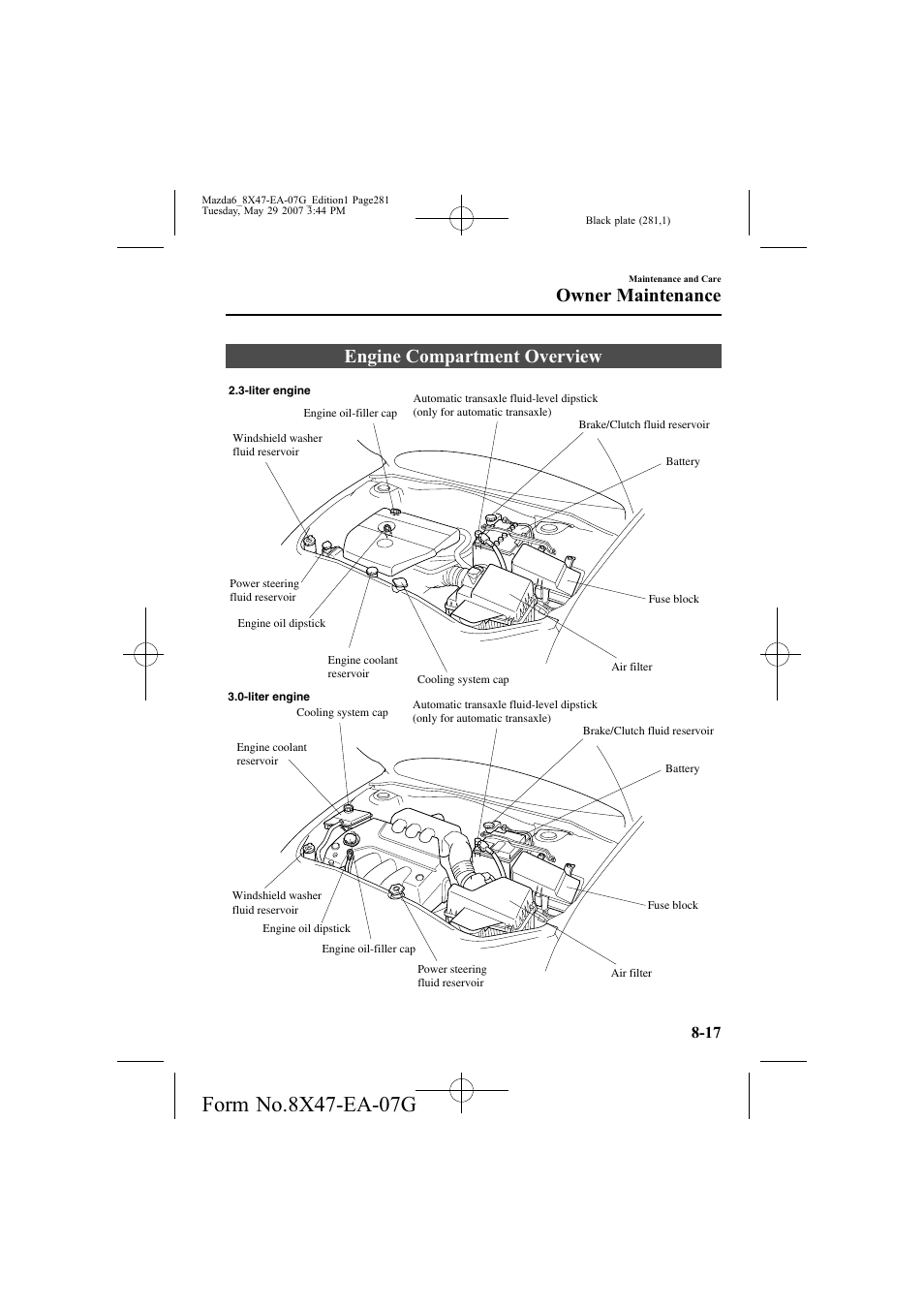 Engine compartment overview, Owner maintenance | Mazda 2008 6 User Manual | Page 281 / 440