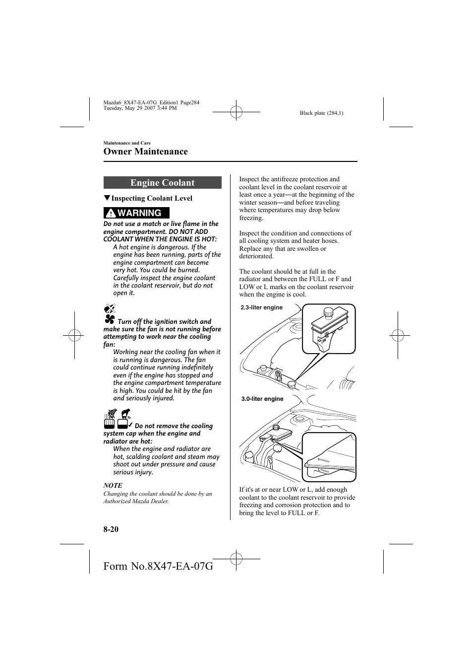 Engine coolant, Owner maintenance, Warning | Mazda 2008 6 User Manual | Page 284 / 440