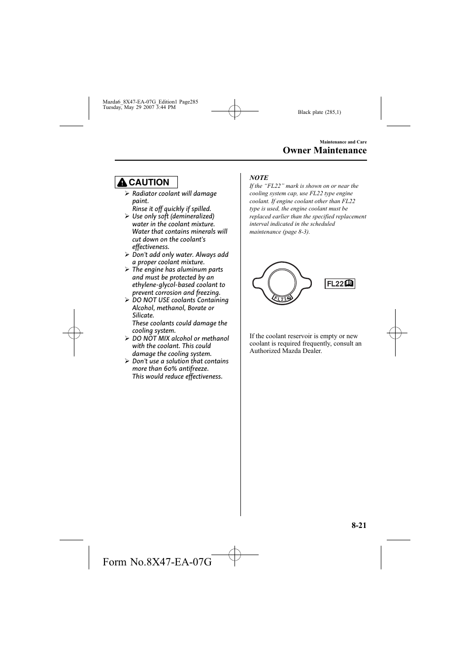 Owner maintenance, Caution | Mazda 2008 6 User Manual | Page 285 / 440
