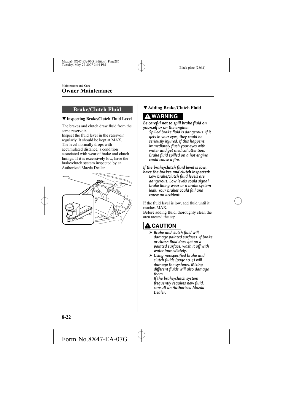 Brake/clutch fluid, Owner maintenance | Mazda 2008 6 User Manual | Page 286 / 440