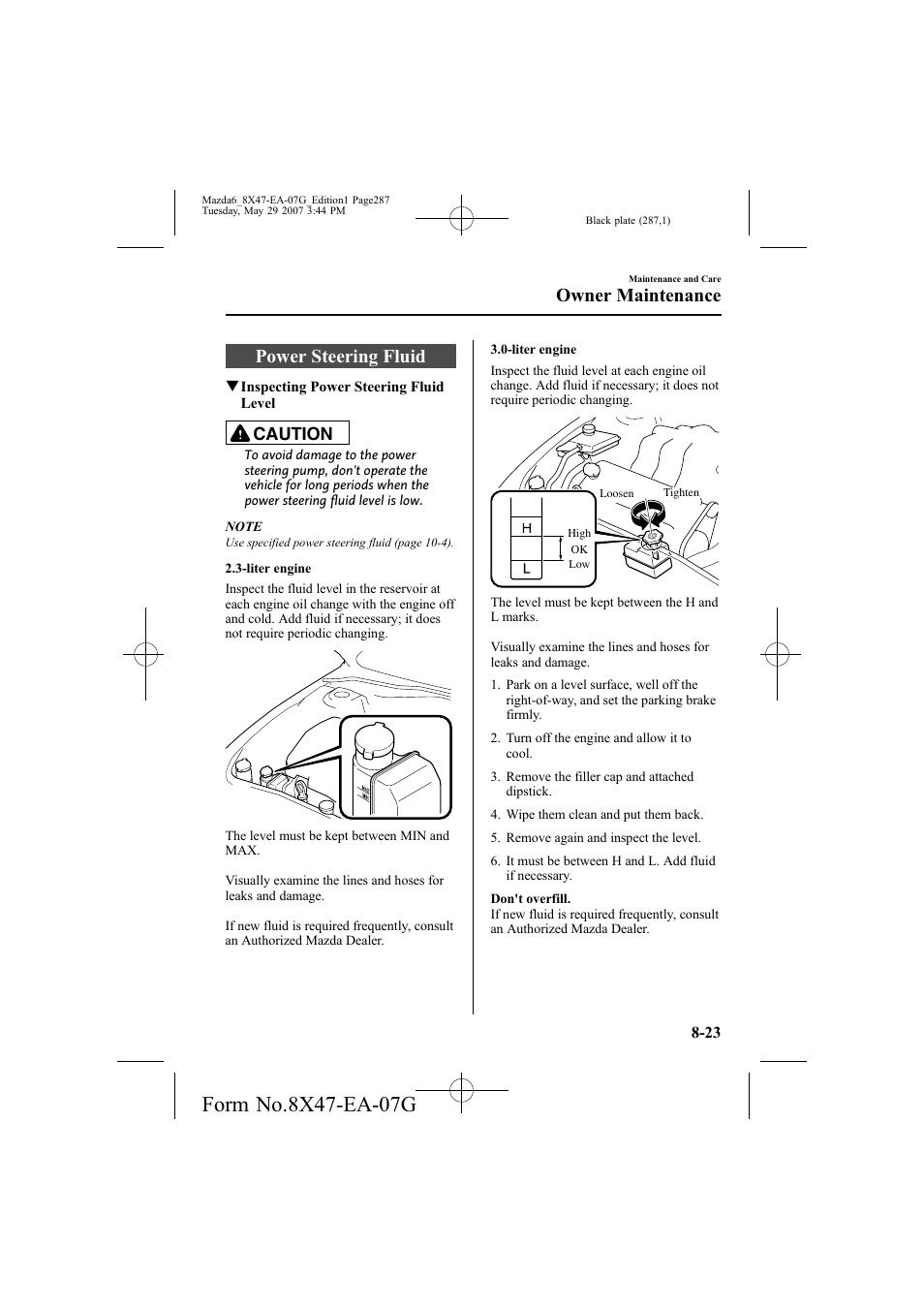 Power steering fluid, Owner maintenance, Caution | Mazda 2008 6 User Manual | Page 287 / 440