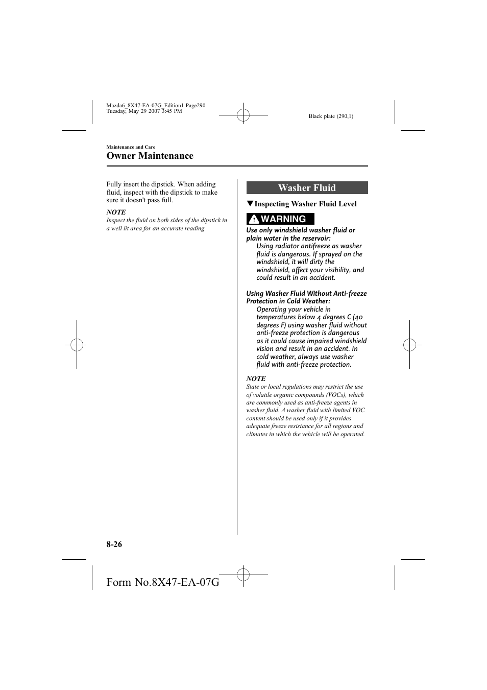 Washer fluid, Owner maintenance | Mazda 2008 6 User Manual | Page 290 / 440