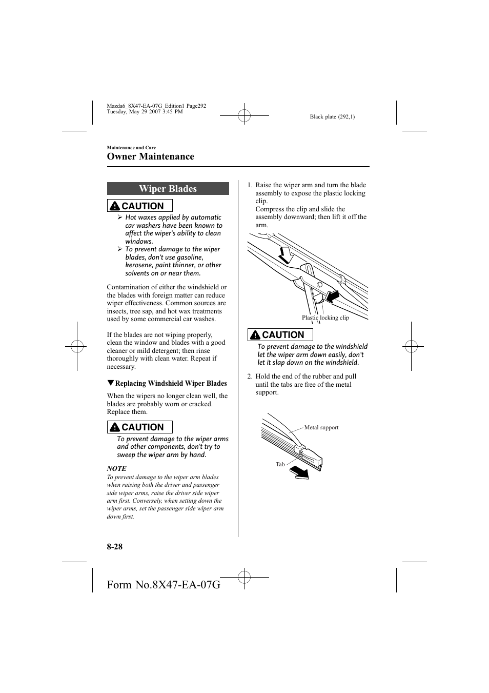 Wiper blades, Owner maintenance, Caution | Mazda 2008 6 User Manual | Page 292 / 440