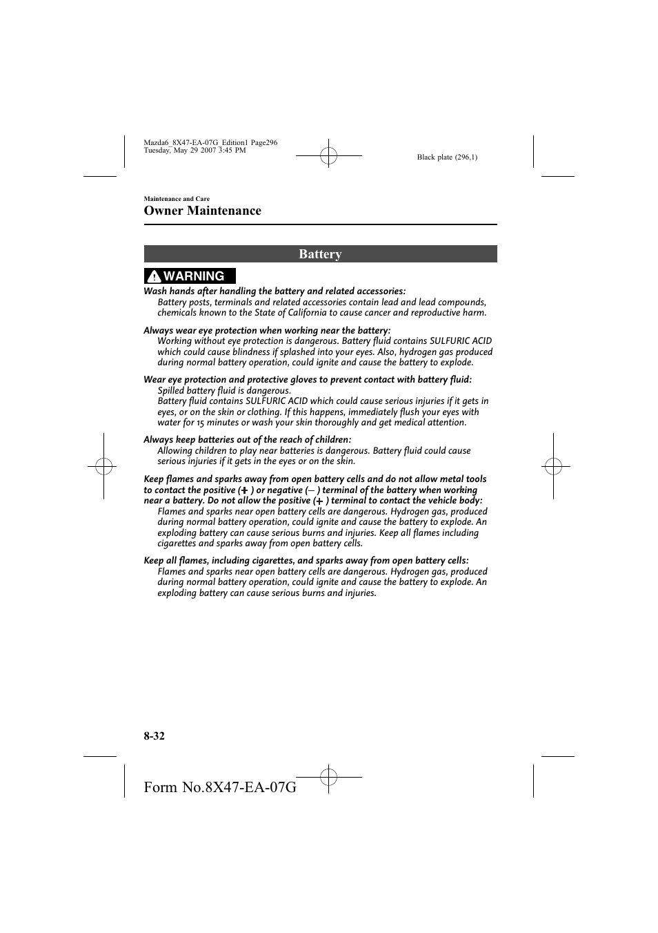 Battery, Owner maintenance | Mazda 2008 6 User Manual | Page 296 / 440