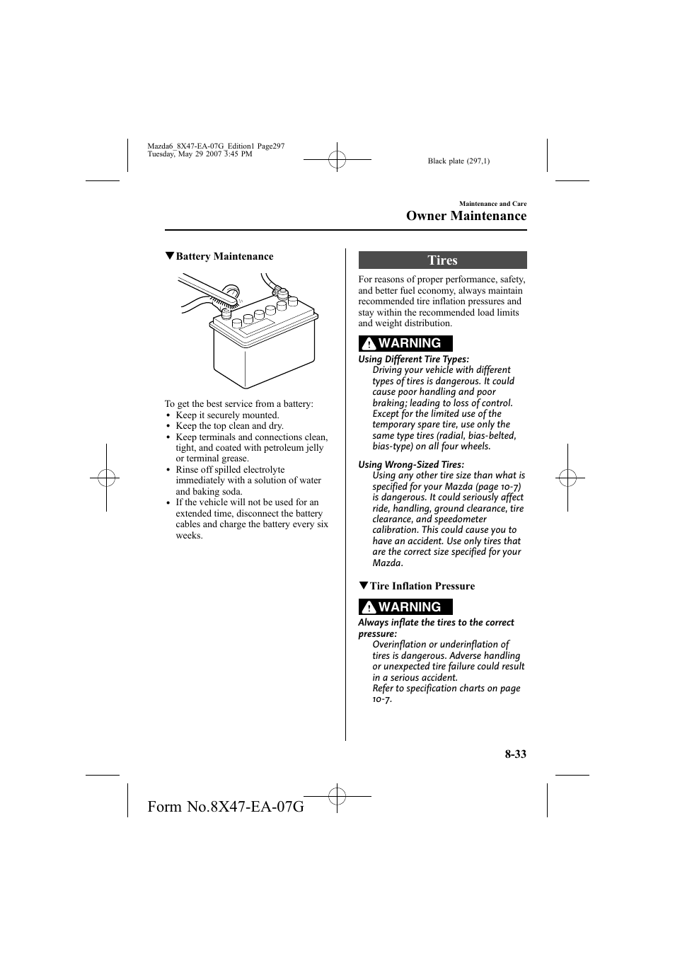 Tires, Owner maintenance, Warning | Mazda 2008 6 User Manual | Page 297 / 440