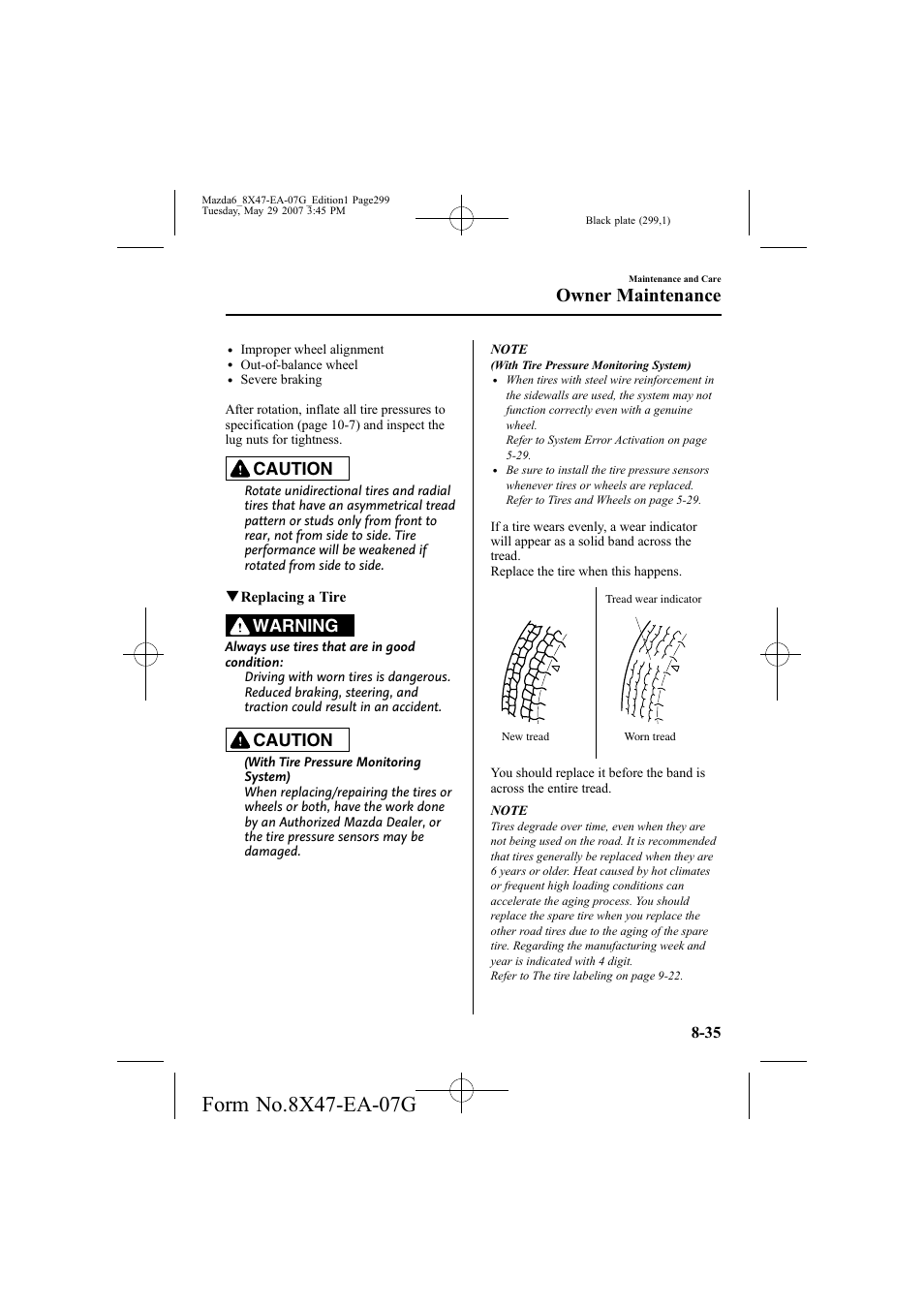 Owner maintenance, Caution, Warning | Mazda 2008 6 User Manual | Page 299 / 440