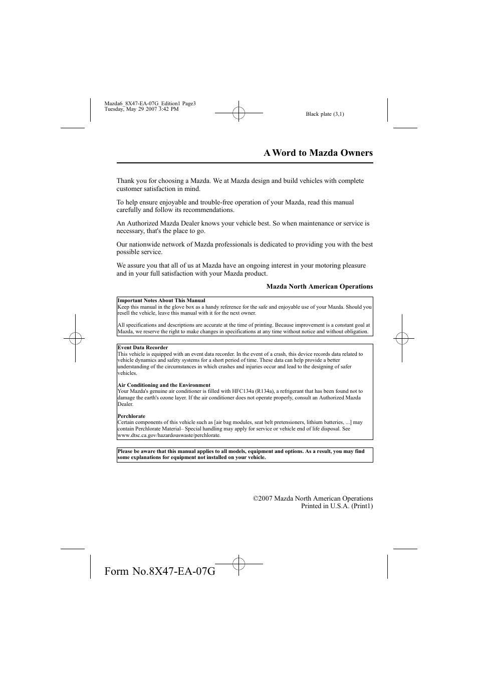 A word to mazda owners | Mazda 2008 6 User Manual | Page 3 / 440