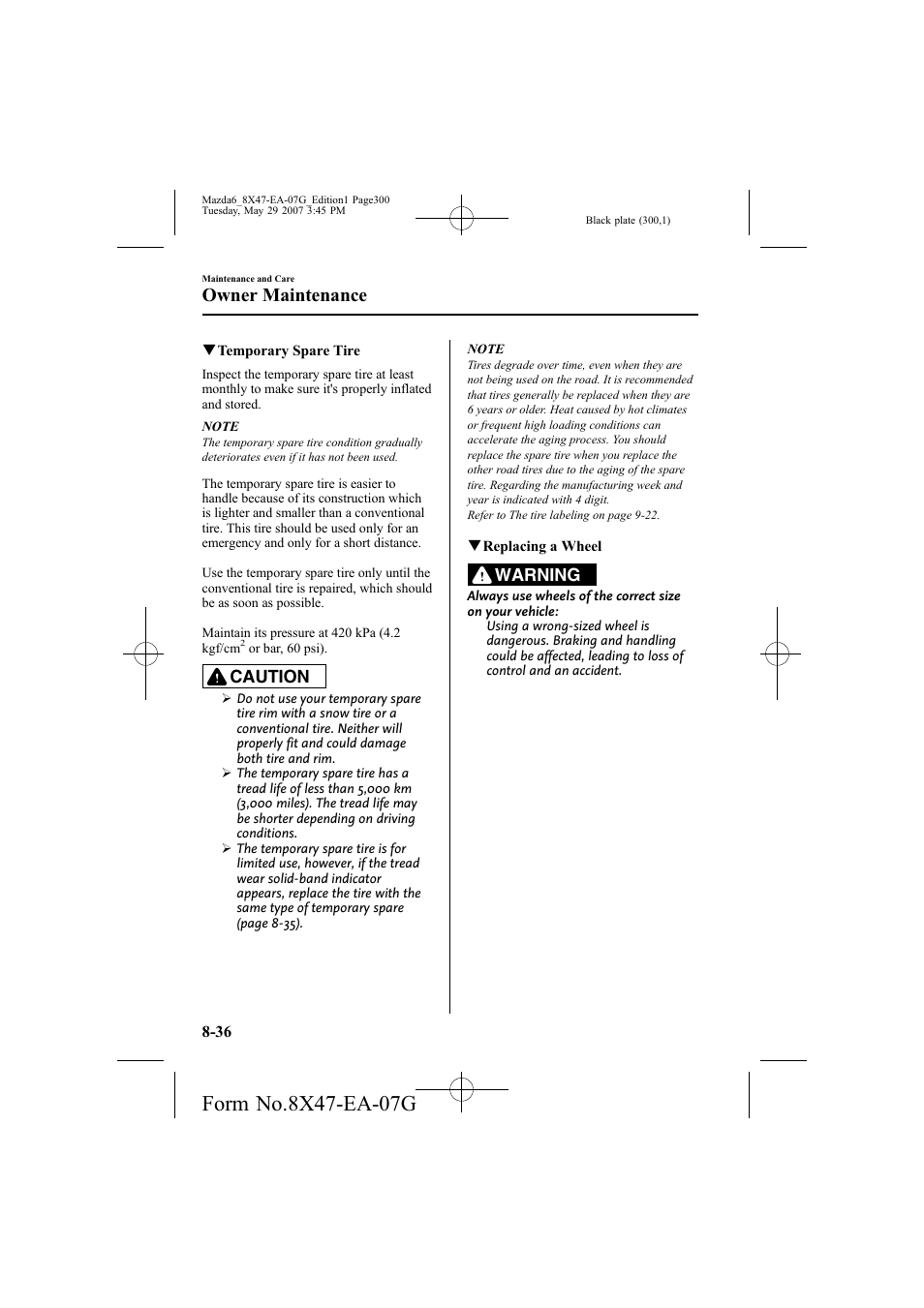 Owner maintenance, Caution, Warning | Mazda 2008 6 User Manual | Page 300 / 440