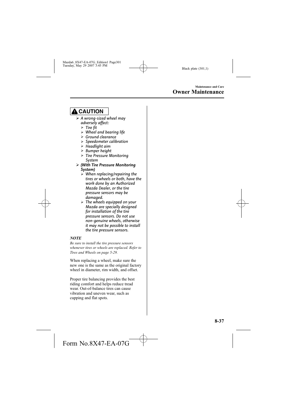 Owner maintenance, Caution | Mazda 2008 6 User Manual | Page 301 / 440