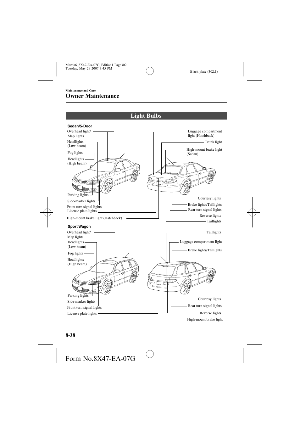 Light bulbs, Owner maintenance | Mazda 2008 6 User Manual | Page 302 / 440