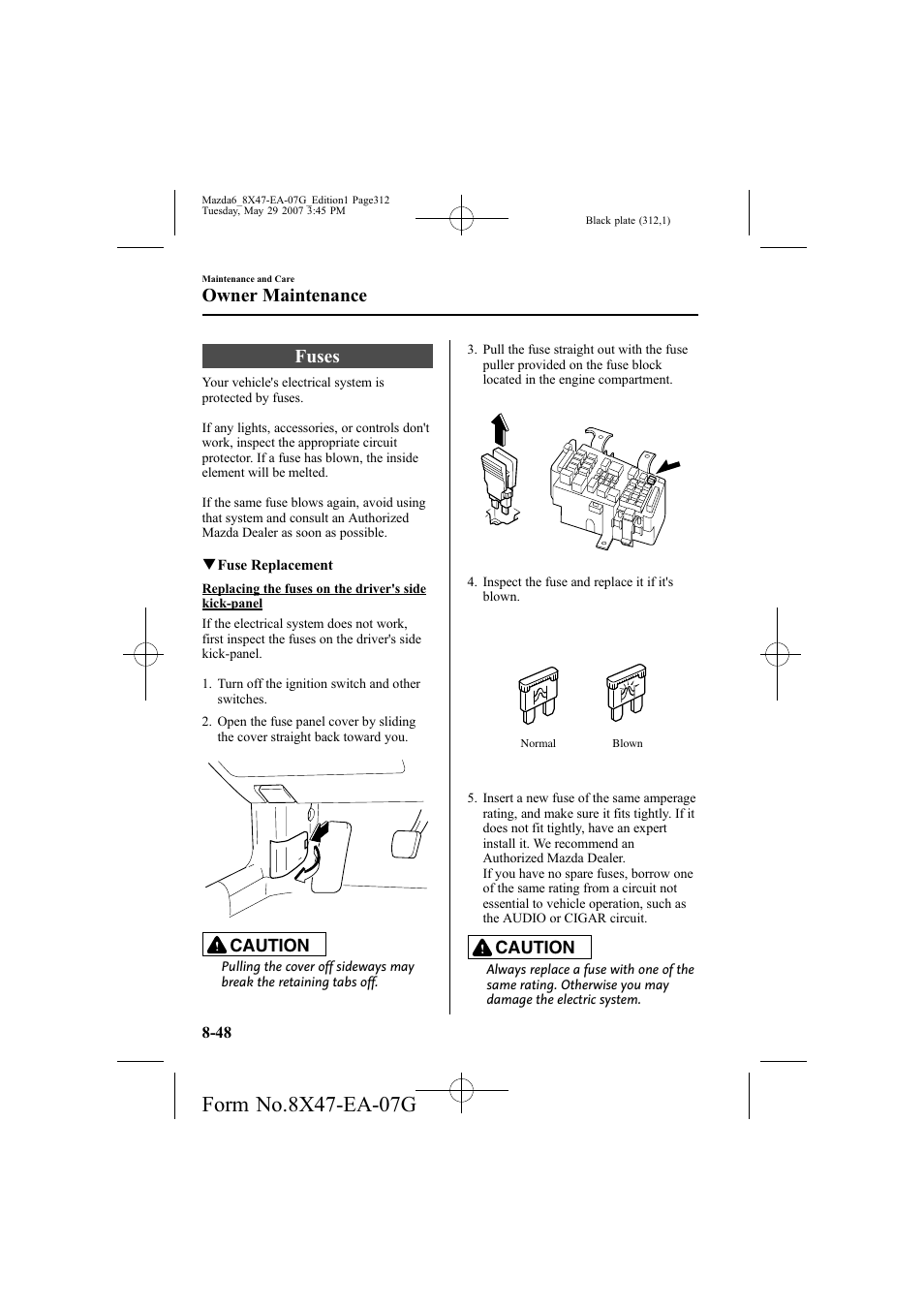 Fuses, Owner maintenance, Caution | Mazda 2008 6 User Manual | Page 312 / 440
