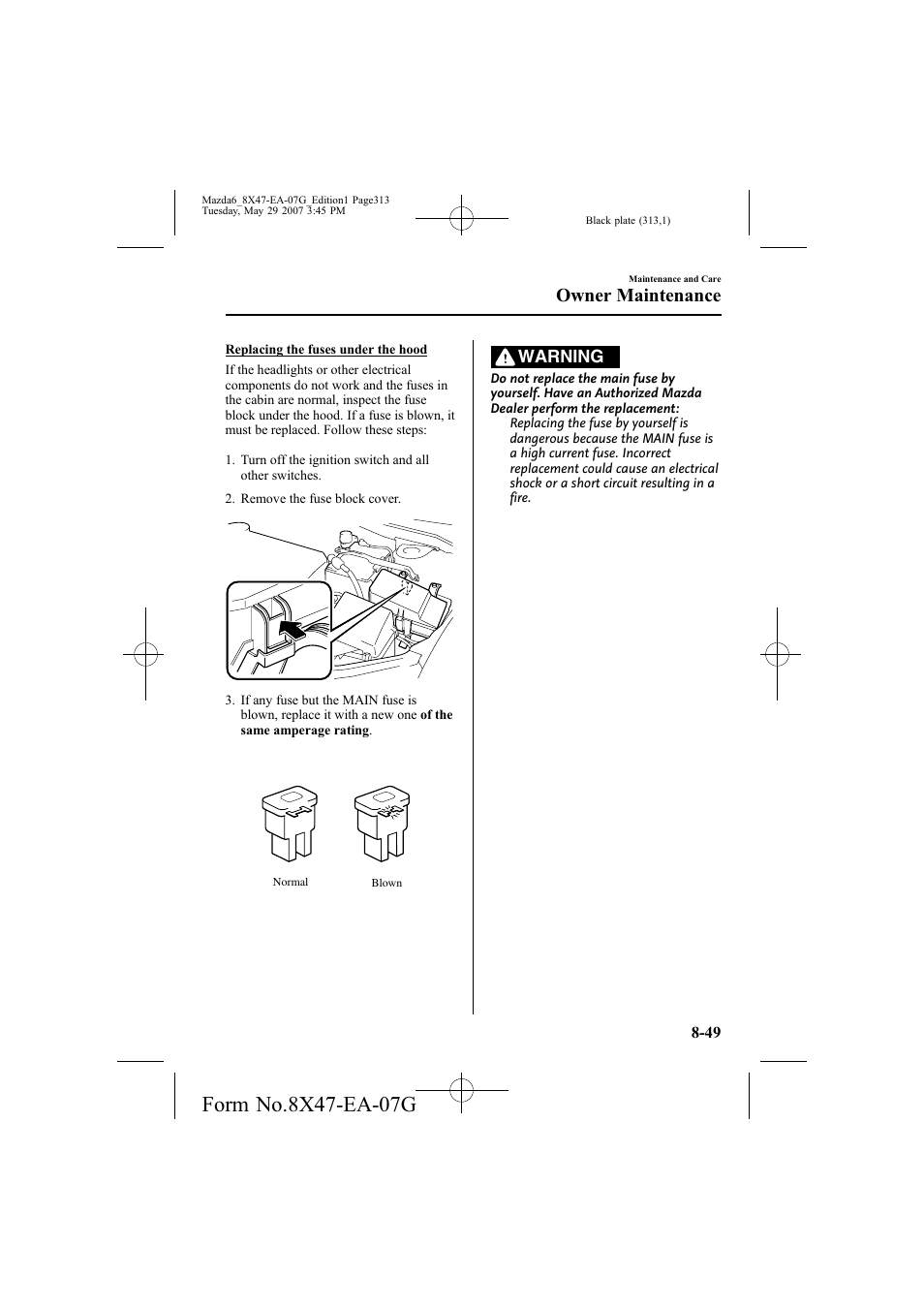 Owner maintenance, Warning | Mazda 2008 6 User Manual | Page 313 / 440