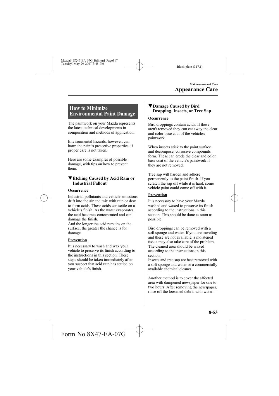 How to minimize environmental paint damage, Appearance care | Mazda 2008 6 User Manual | Page 317 / 440