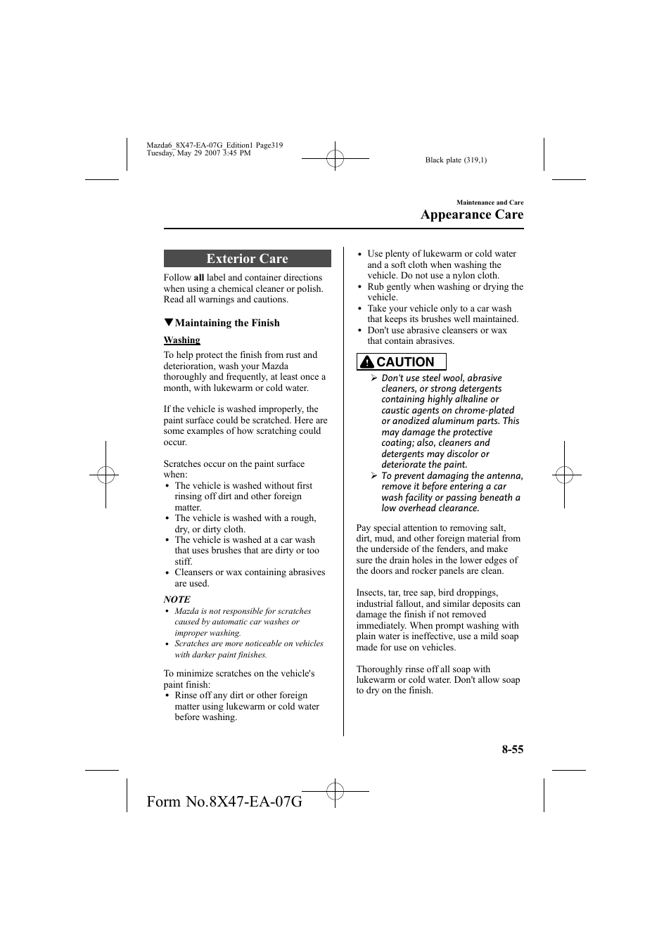 Exterior care, Appearance care, Caution | Mazda 2008 6 User Manual | Page 319 / 440