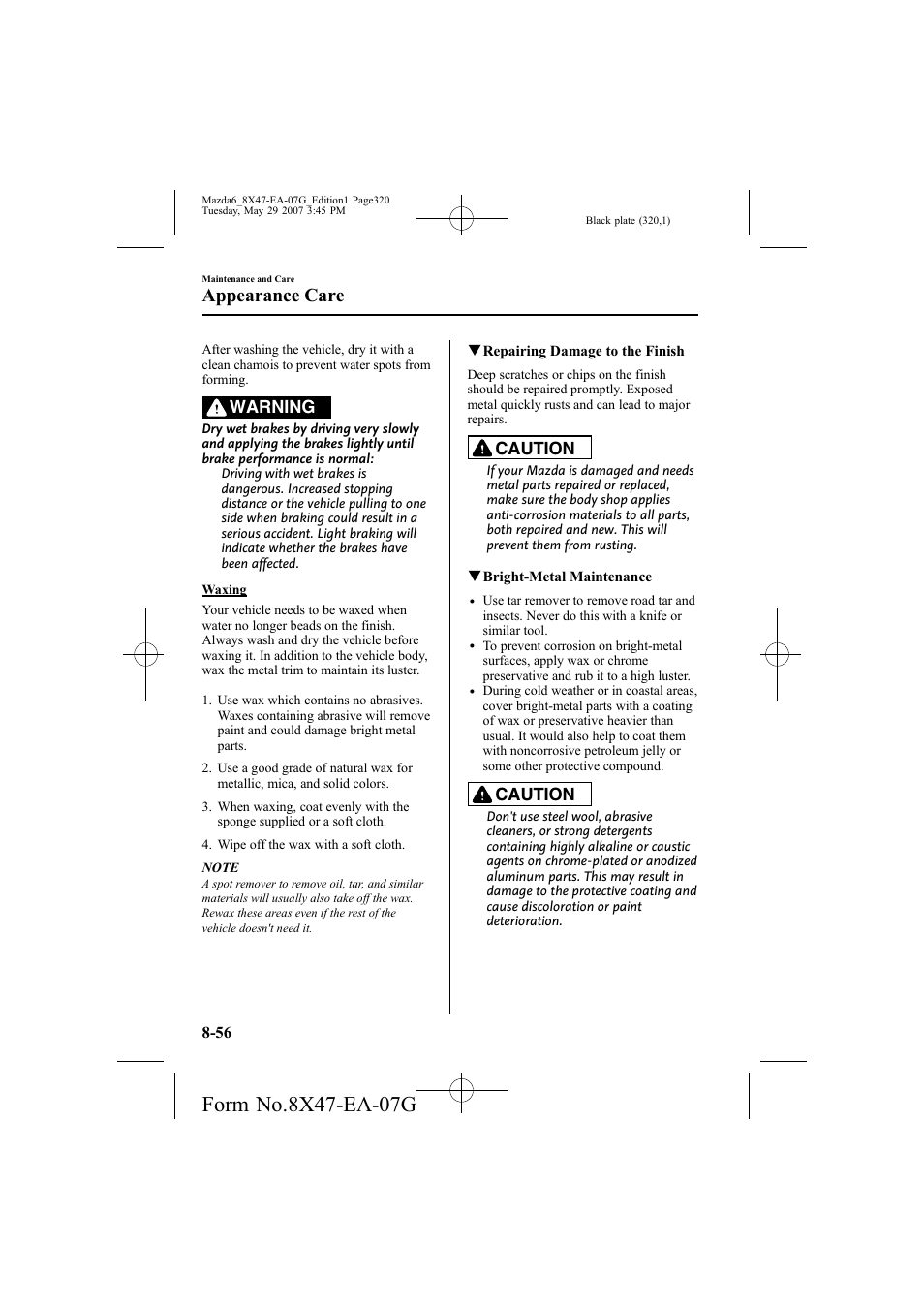 Appearance care, Warning, Caution | Mazda 2008 6 User Manual | Page 320 / 440