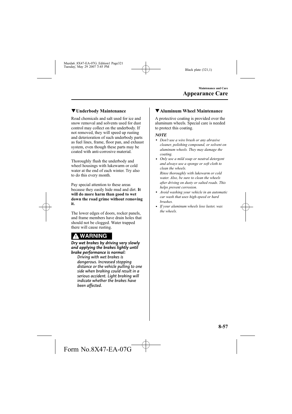 Appearance care, Warning | Mazda 2008 6 User Manual | Page 321 / 440