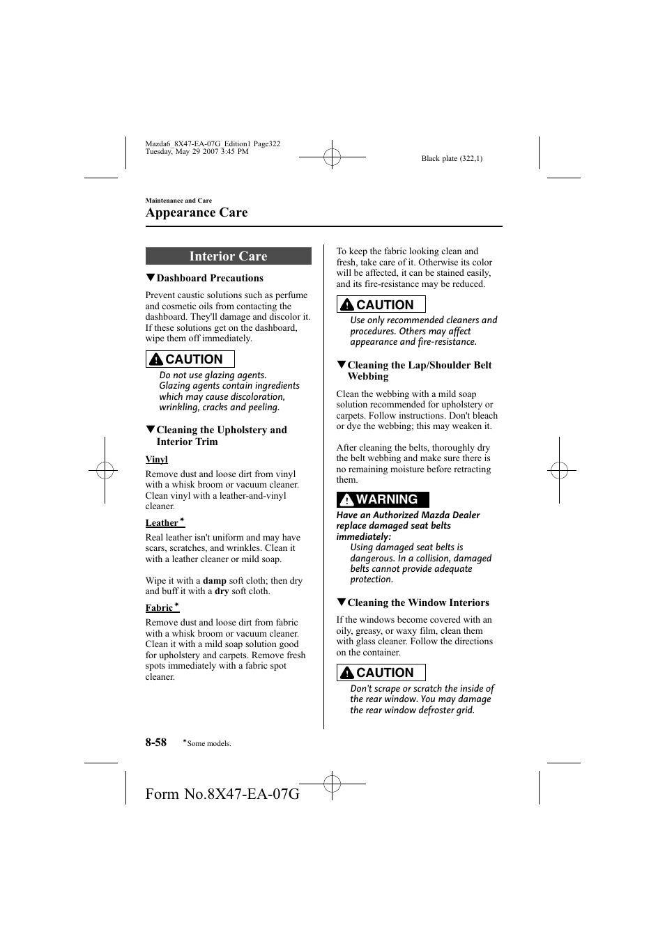 Interior care, Appearance care, Caution | Warning | Mazda 2008 6 User Manual | Page 322 / 440