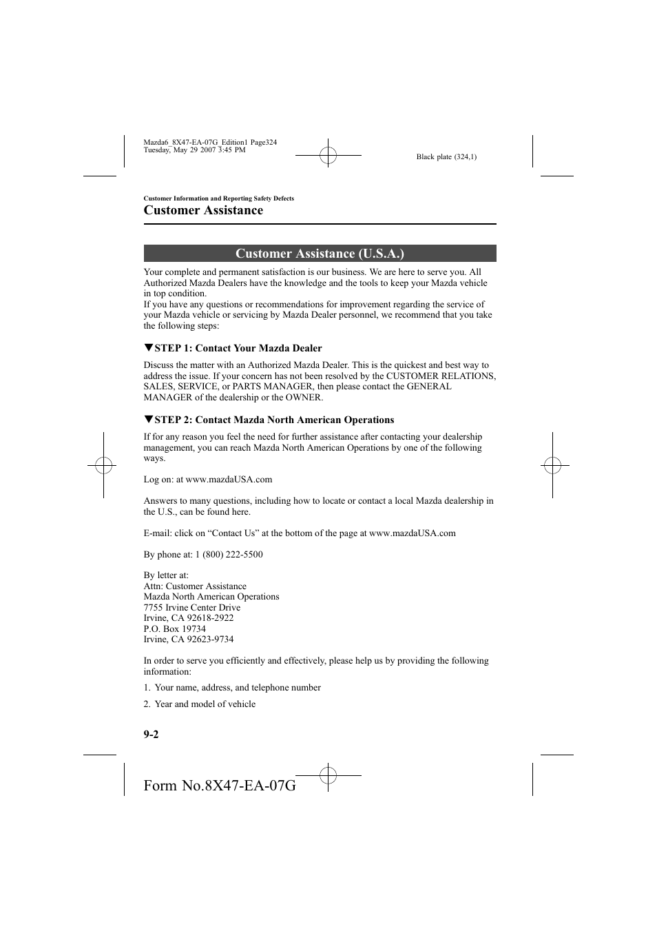 Customer assistance (u.s.a.), Customer assistance | Mazda 2008 6 User Manual | Page 324 / 440