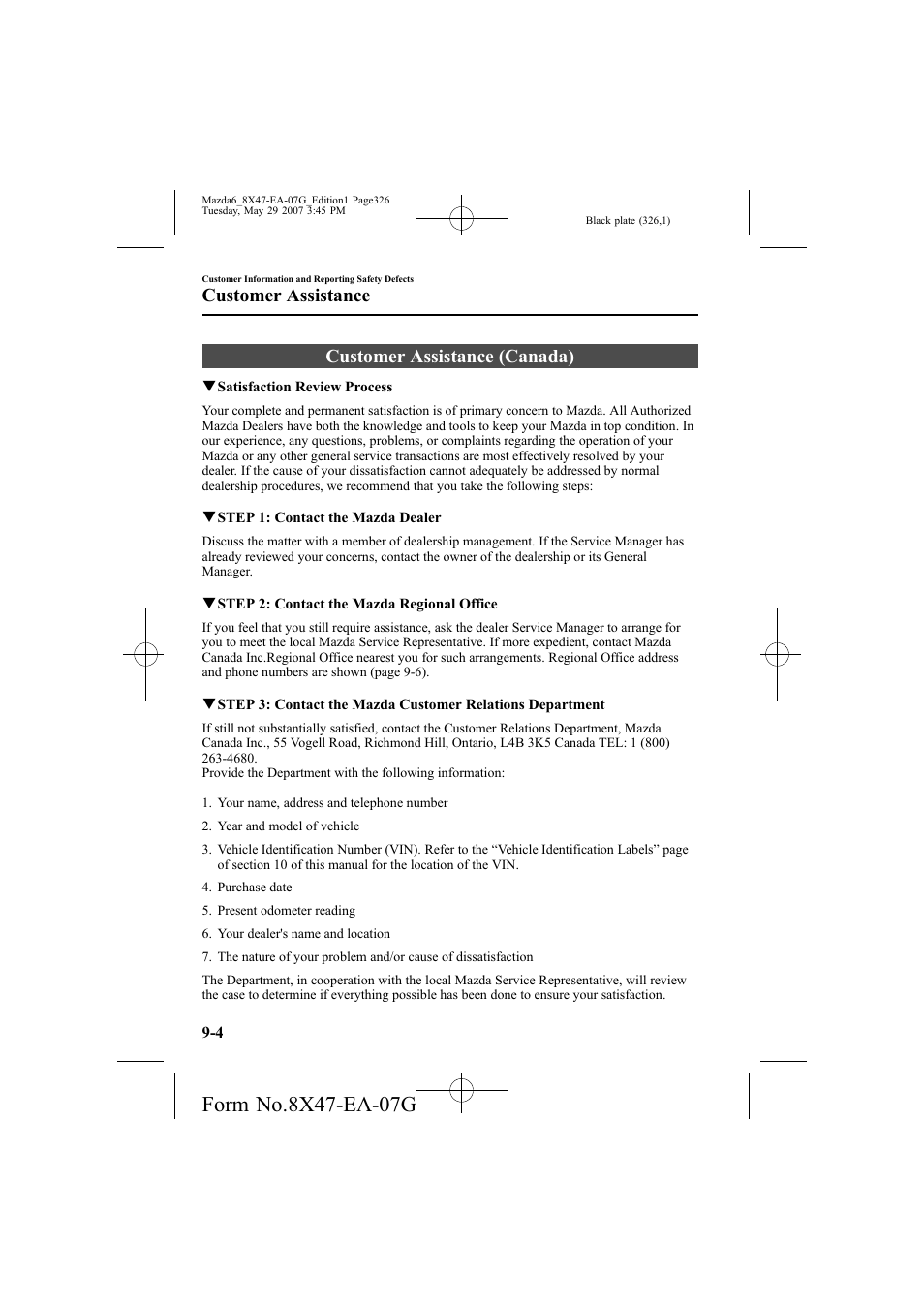 Customer assistance (canada), Customer assistance | Mazda 2008 6 User Manual | Page 326 / 440