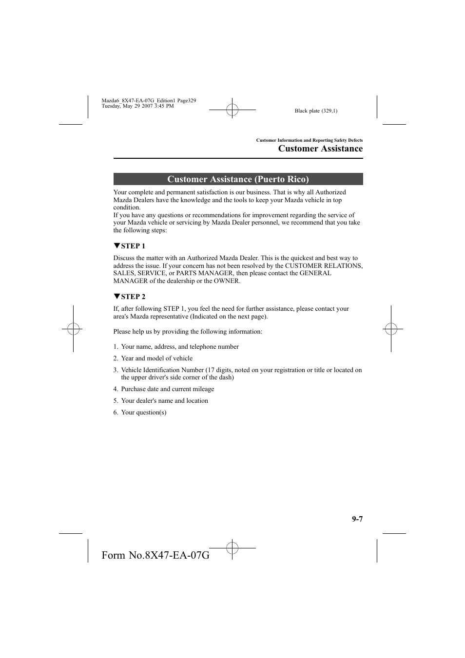 Customer assistance (puerto rico), Customer assistance | Mazda 2008 6 User Manual | Page 329 / 440