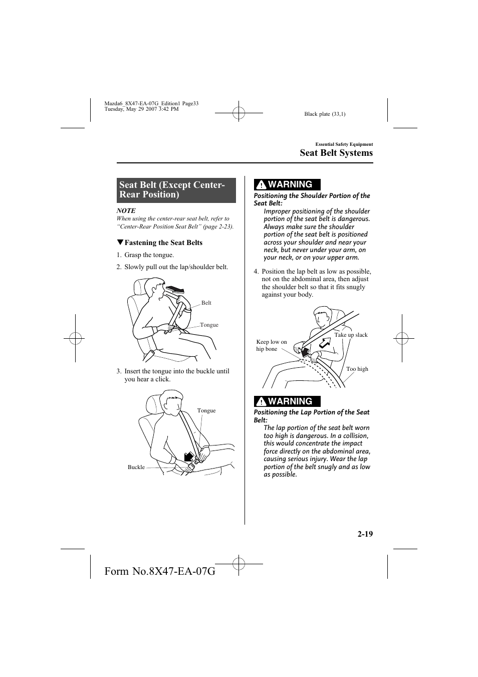 Seat belt (except center- rear position), Seat belt systems, Warning | Mazda 2008 6 User Manual | Page 33 / 440