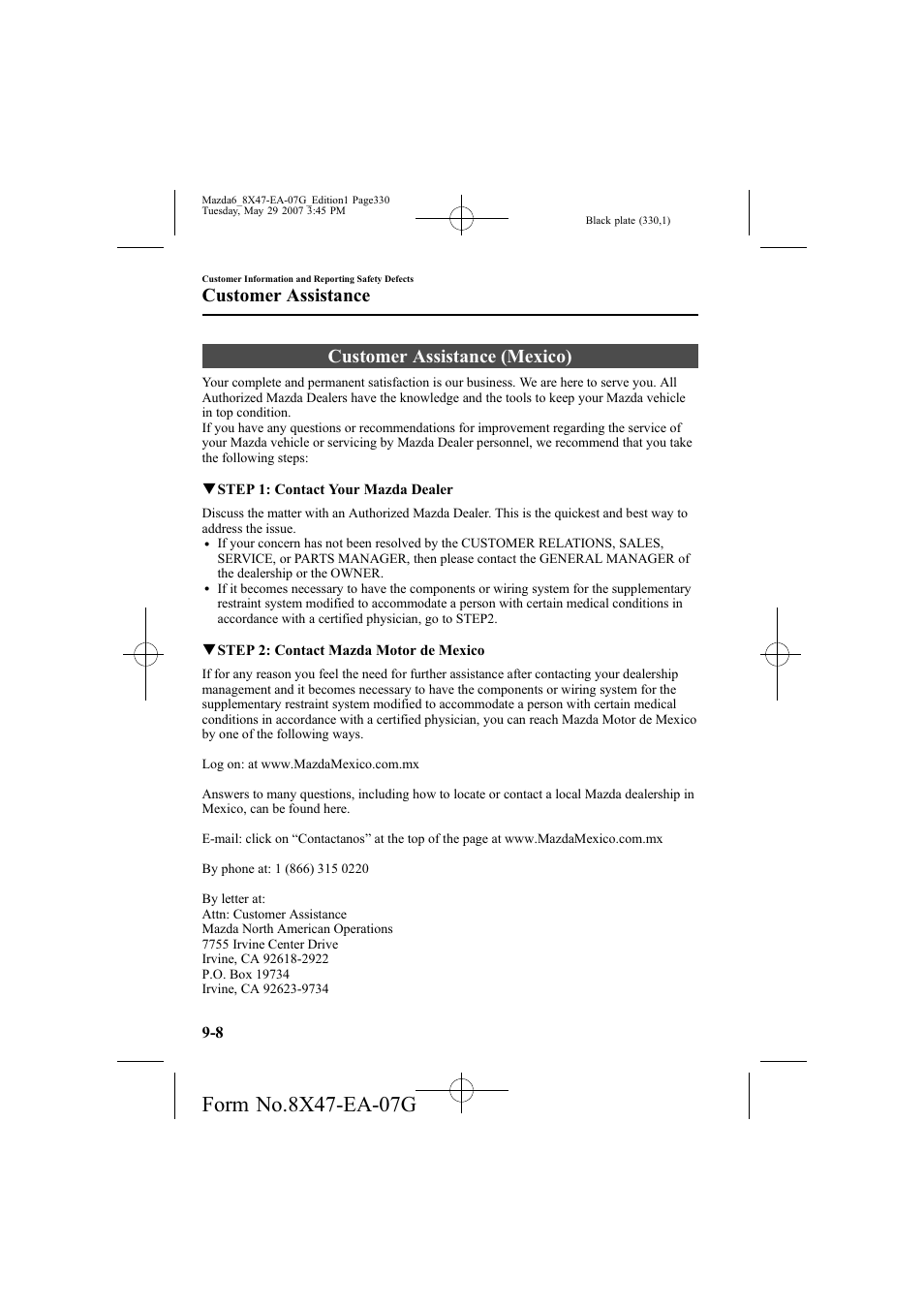 Customer assistance (mexico), Customer assistance | Mazda 2008 6 User Manual | Page 330 / 440