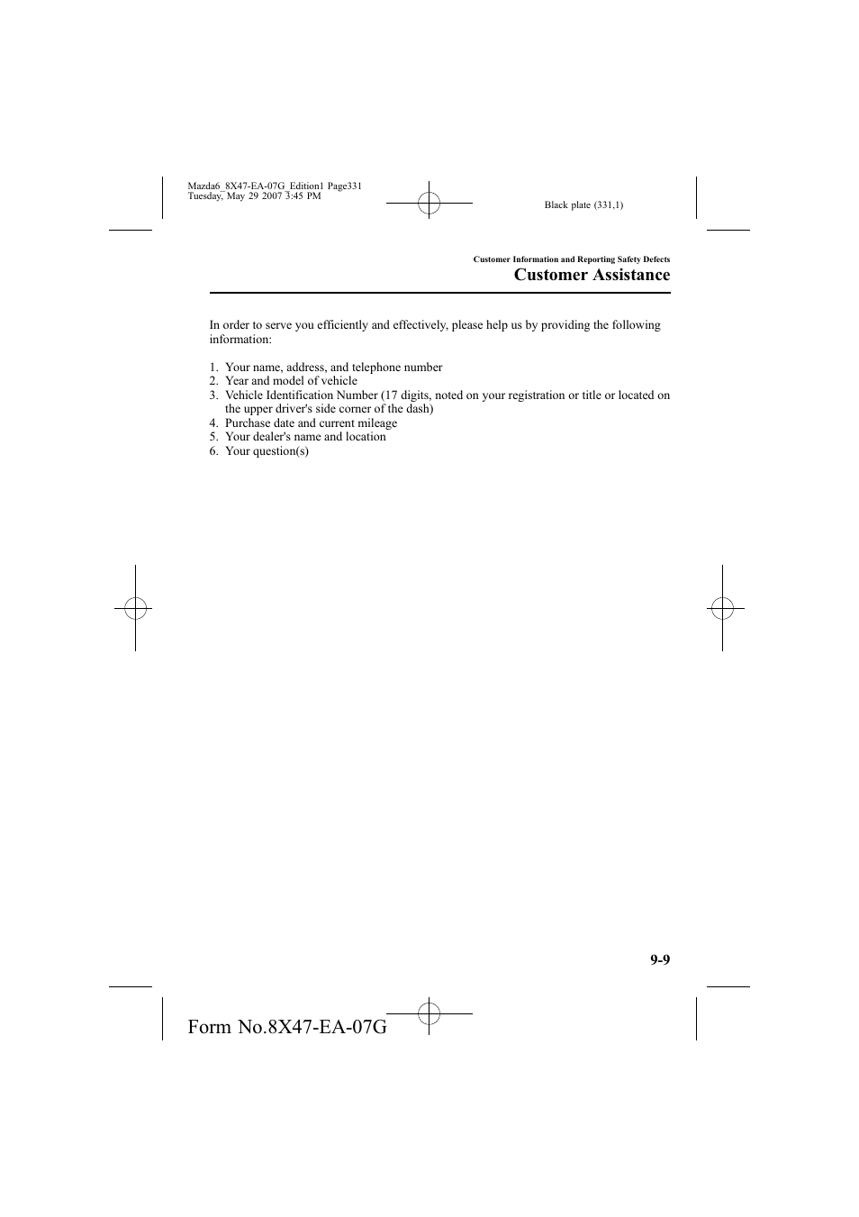 Customer assistance | Mazda 2008 6 User Manual | Page 331 / 440