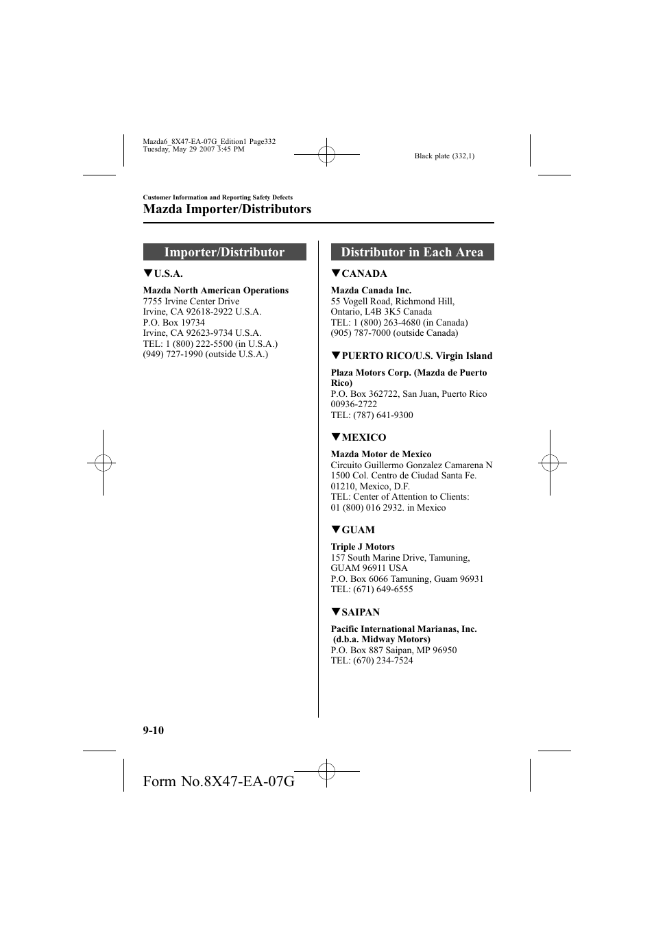Importer/distributor, Distributor in each area, Mazda importer/distributors | Mazda 2008 6 User Manual | Page 332 / 440