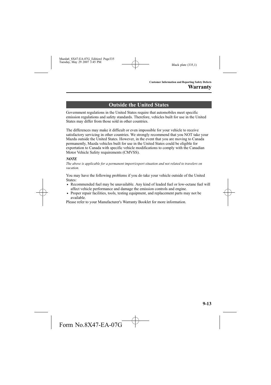 Outside the united states, Warranty | Mazda 2008 6 User Manual | Page 335 / 440