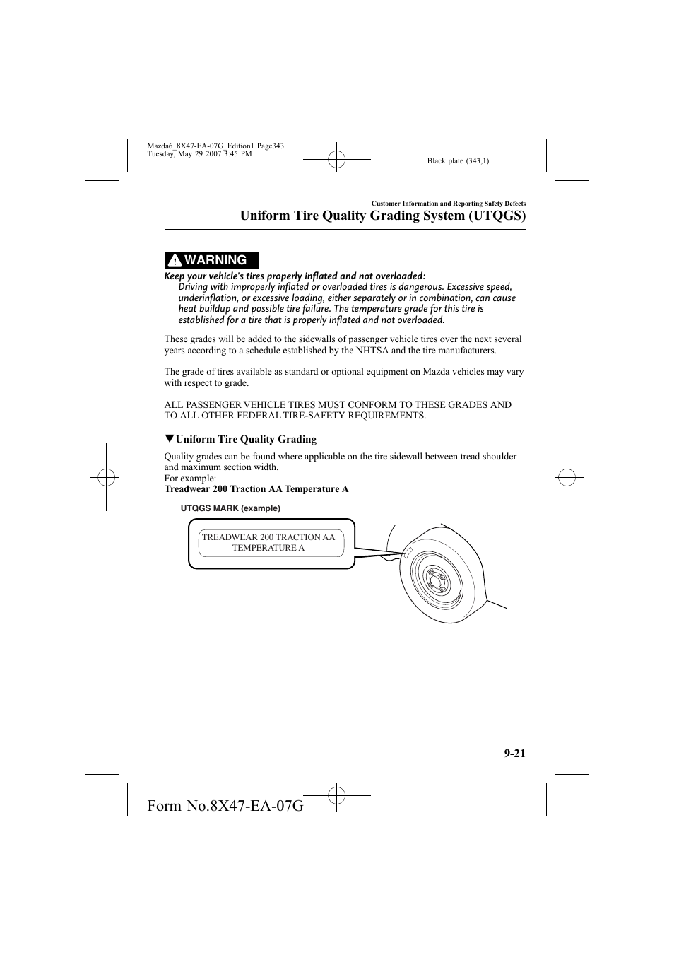 Uniform tire quality grading system (utqgs), Warning | Mazda 2008 6 User Manual | Page 343 / 440