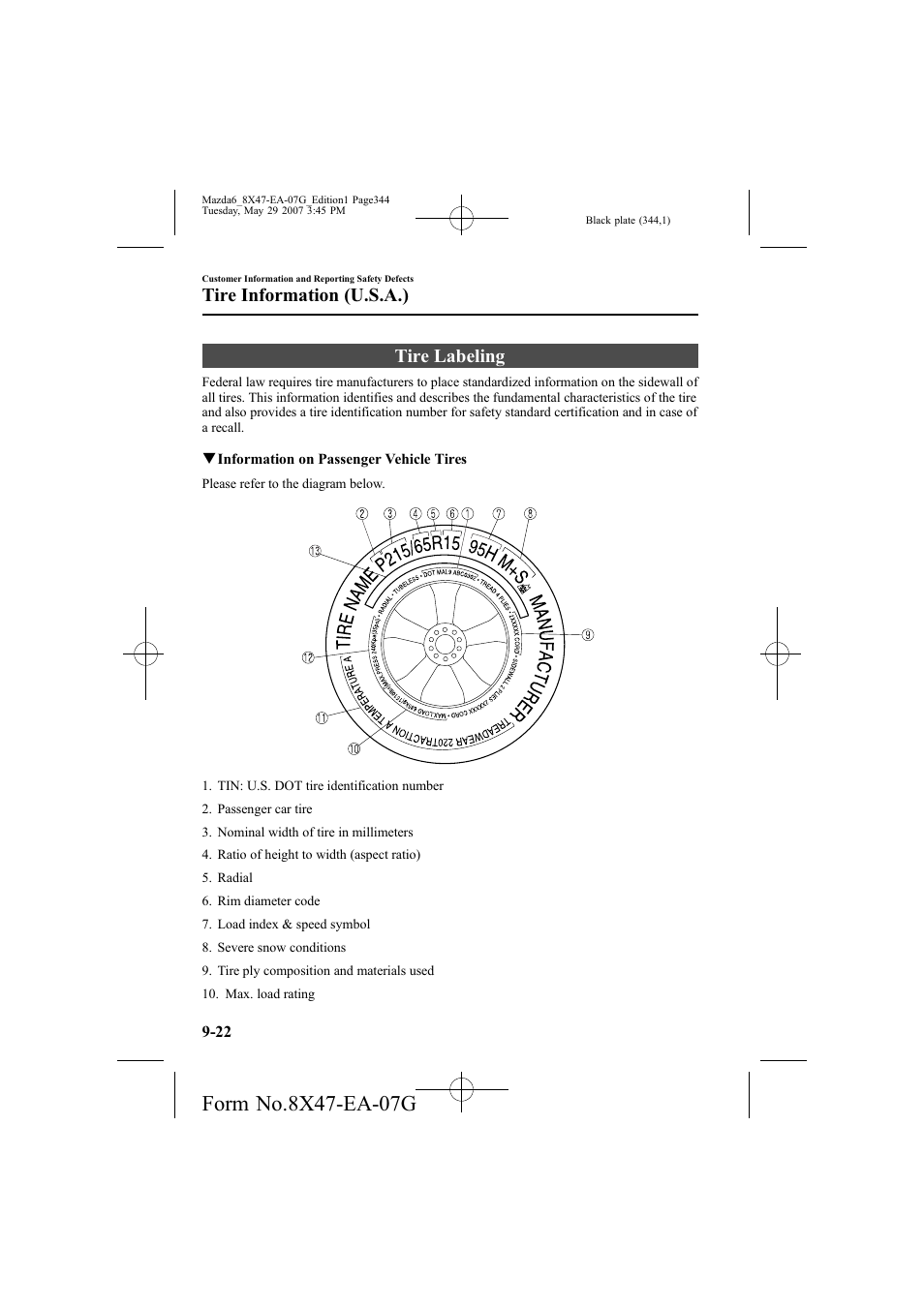 Tire labeling, Tire information (u.s.a.) | Mazda 2008 6 User Manual | Page 344 / 440