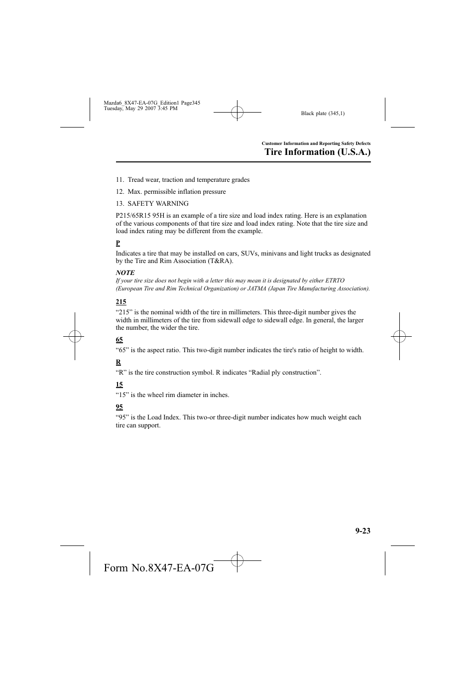 Tire information (u.s.a.) | Mazda 2008 6 User Manual | Page 345 / 440