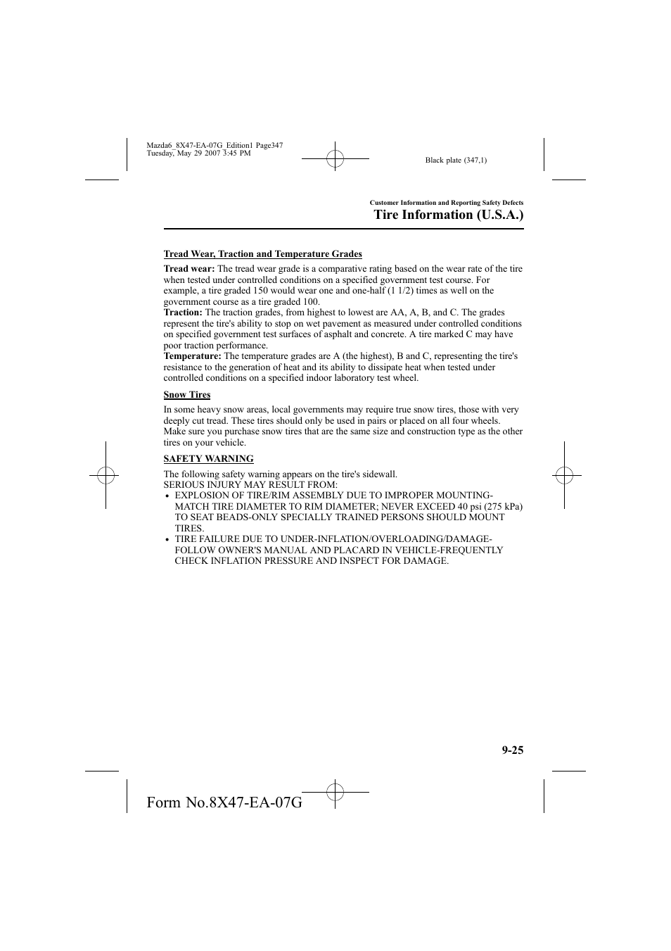 Tire information (u.s.a.) | Mazda 2008 6 User Manual | Page 347 / 440