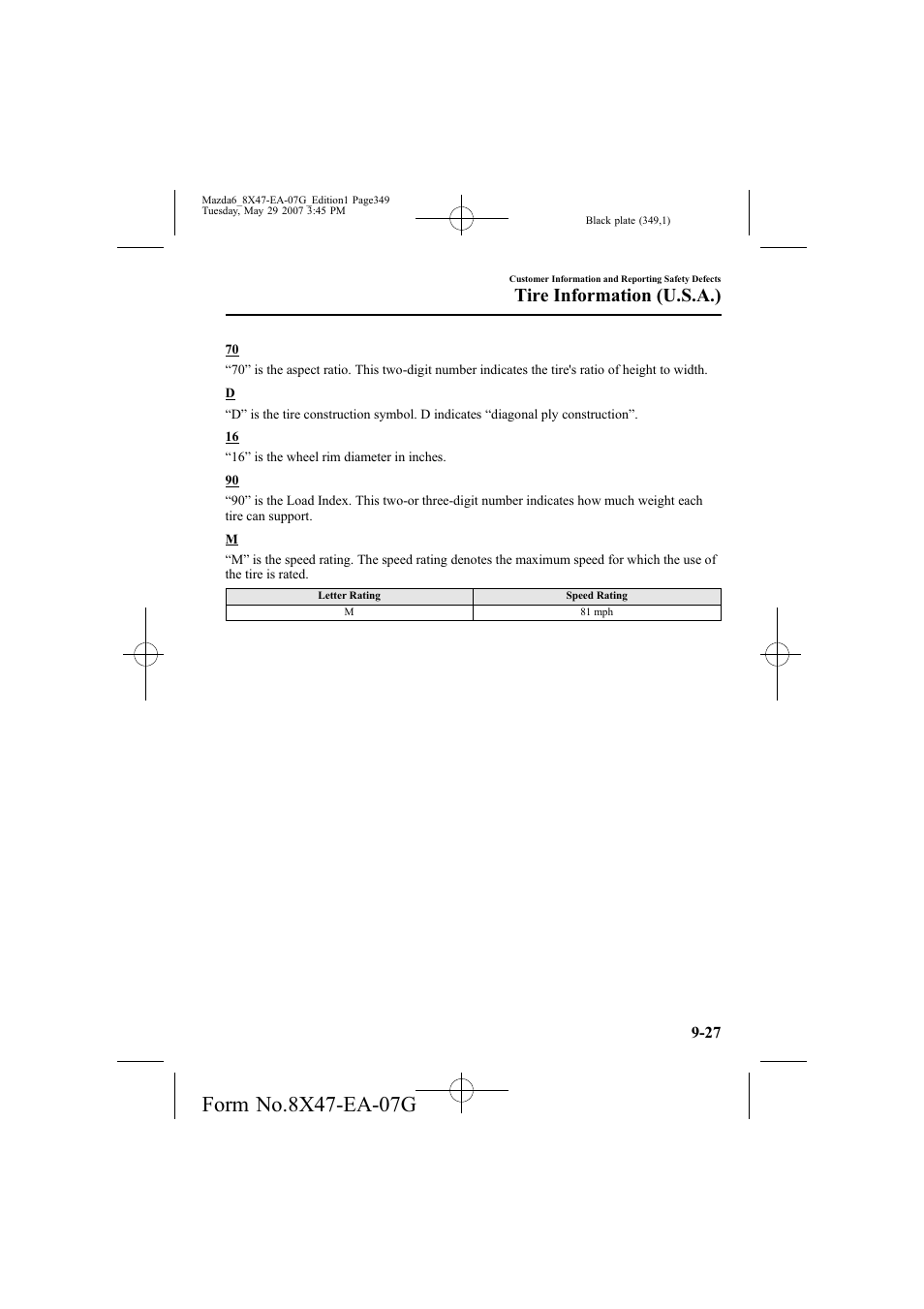 Tire information (u.s.a.) | Mazda 2008 6 User Manual | Page 349 / 440