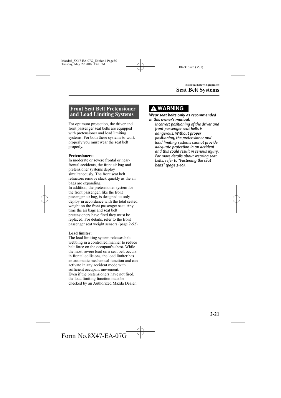 Seat belt systems | Mazda 2008 6 User Manual | Page 35 / 440