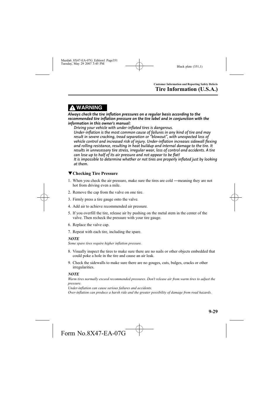 Tire information (u.s.a.), Warning | Mazda 2008 6 User Manual | Page 351 / 440